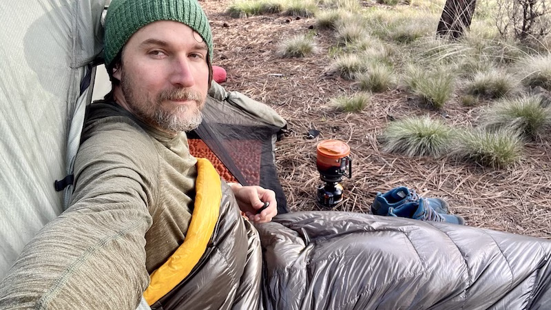 Arthur McMahon testing an Enlightened Equipment quilt in the high desert.