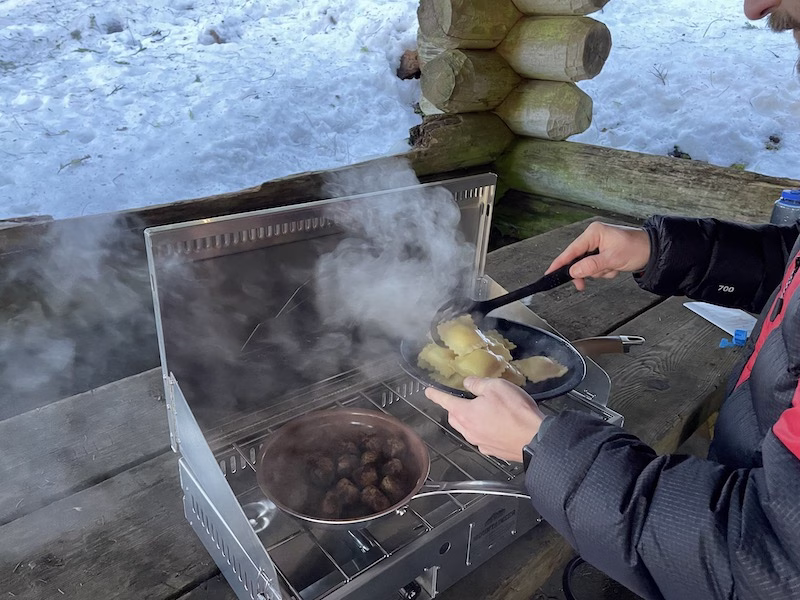 Cooking on a Camp Chef stove in the dead of winter.