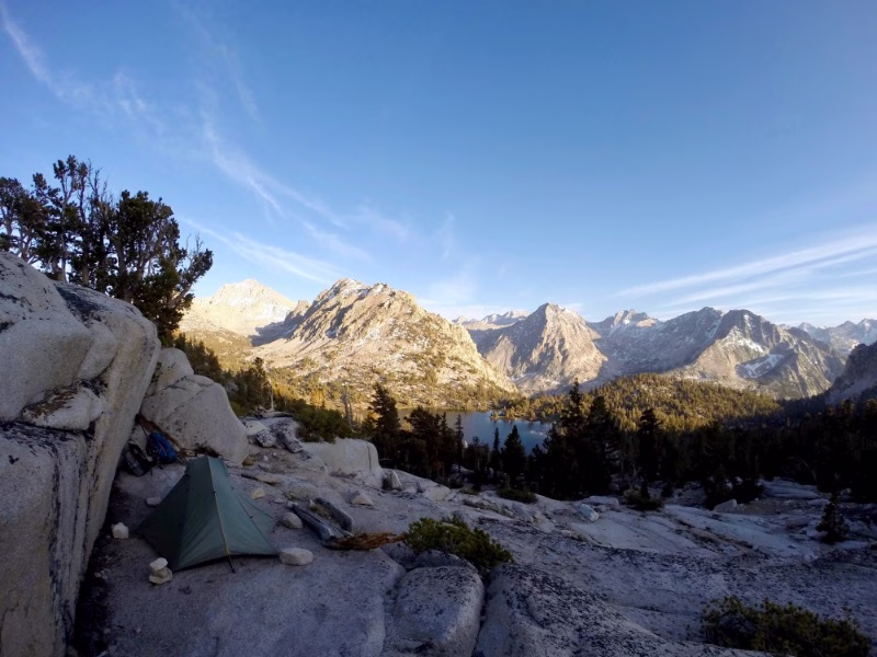 My favorite tentsite. Located above Bullfrog Lake near Kearsarge Pass in the SIerra Nevada. Mt. Whitney in the background.